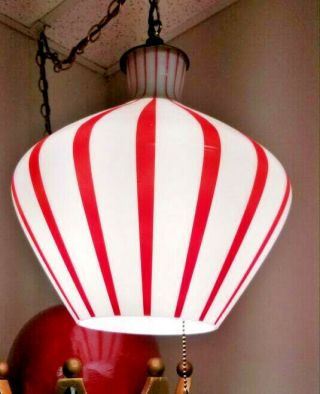 VINTAGE 1950s Peppermint Red & White Striped GLASS HANGING SWAG LAMP LIGHT Retro 2