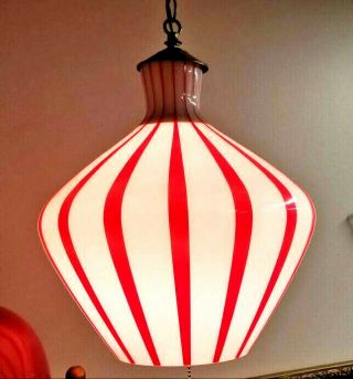 VINTAGE 1950s Peppermint Red & White Striped GLASS HANGING SWAG LAMP LIGHT Retro 3