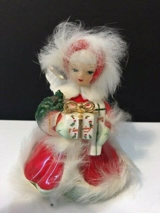 Vintage Napco Christmas Shopper Girl Red Figurine Gifts Fur Trimmed Mica Gold