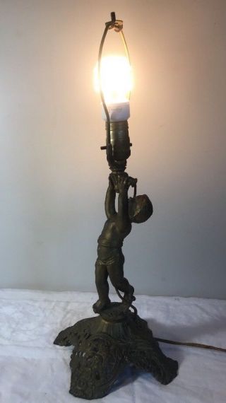 Antique Gilt Bronze Cherub Lamp On Gilt Metal Base