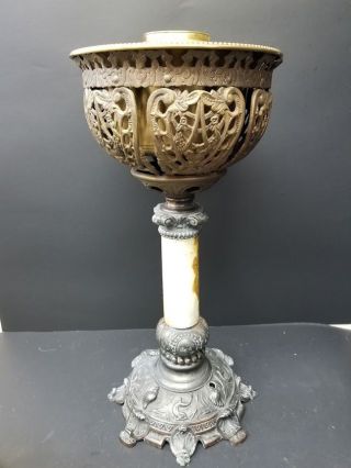 Antique Composite Banquet Parlor Oil Lamp With Marble Stem