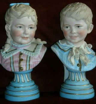 Antique Vintage 10 " Pair Porcelain Bisque Victorian Boy Girl Bust French ?
