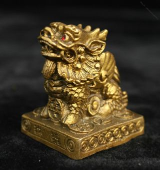 2“ Collect Chinese Yellow Bronze Hand Engraving Kirin Beast Statue Seal