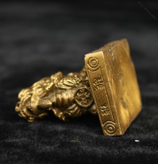 2“ Collect Chinese Yellow Bronze Hand engraving Kirin Beast Statue Seal 2