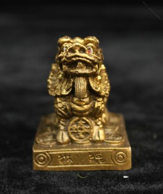 2“ Collect Chinese Yellow Bronze Hand engraving Kirin Beast Statue Seal 3