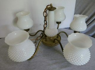 Vintage Fenton Hobnail White Milk Glass Shade Hanging Ceiling 5 Light Lamp 21 "