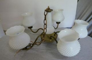 Vintage Fenton Hobnail White Milk Glass Shade Hanging Ceiling 5 Light Lamp 21 