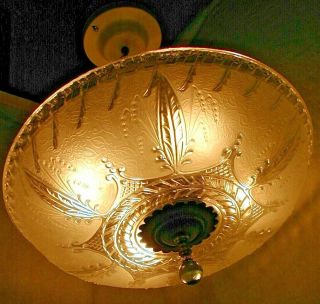 Antique Art Deco 30s Clear Satin Glass Shade Light Fixture Chandelier