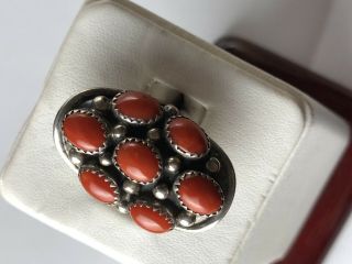 Exquisite Vintage Navajo Coral Cluster Sterling Silver Native American Ring 6.  5