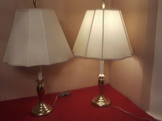 Stiffel Polished Solid Brass Candlestick Table Lamps W/silk Shades.