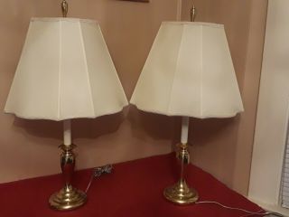 Stiffel Polished Solid Brass Candlestick Table Lamps w/Silk Shades. 2