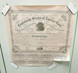1863 Confederate States Of America $500 Dollar Loan Bond Certificate