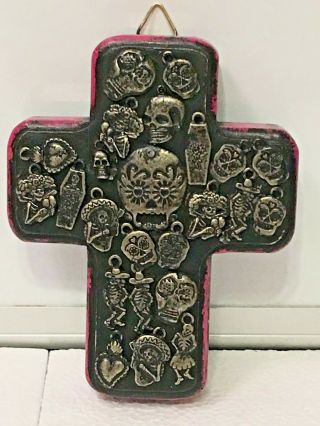 Mexican Milagros Cross Wood Day Of The Dead Miracle Ex Voto Sugar Skull