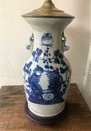 Antique Vintage Chinese Blue & White Porcelain Vase Lamp W Figural Handles - 28”