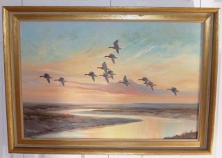 British Artist Wilfred Bailey Flying Birds Vintage Framed Oil Painting