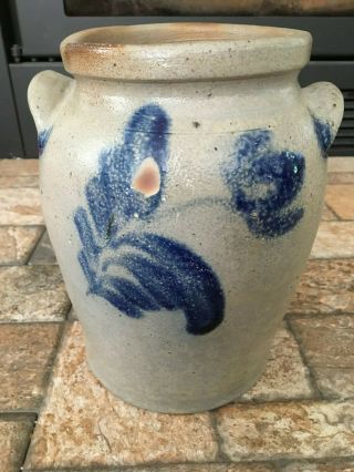 Antique 19th C Stoneware Flower Decorated Small Ovoid 1 gal BALTIMORE MD Crock 3
