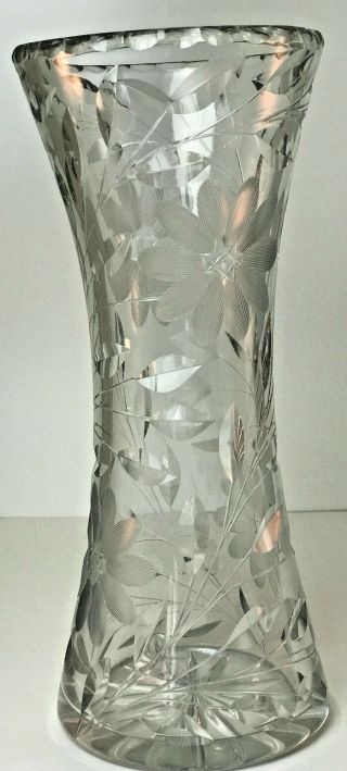 Vintage Lead Crystal 12 " Tall Corset Vase Flowers & Leaves