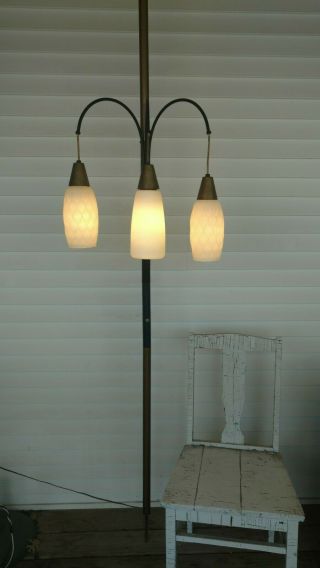 Mid Century Modern Vintage Tension Pole Lamp 3 White Glass Shades