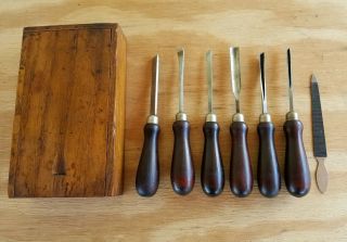 Vintage Fine Chisel Gouge Set Of 6 With Wood Box - Woodworking Carving Tools