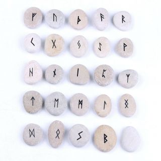 25pcs Natural Runes Stones Set Engraved Black Elder Futhark Alphabet Pouch