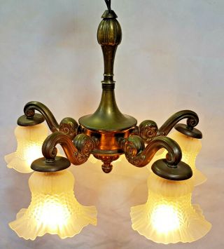 Vintage Small Bronze Colour 5 Arm Brass Chandelier Pendant Light With Shades