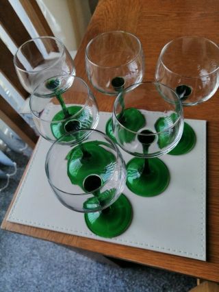 Set Of 6 Vintage / Retro Green Long Stemmed Wine Glasses - French Hock Style