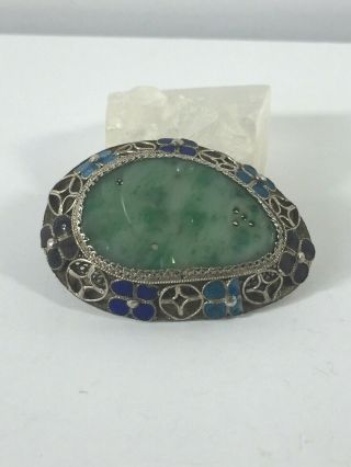 Vintage Sterling Silver Brooch Carved Jade China Lace Edge Art Deco Blue Stones