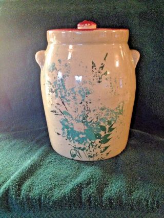 Antique Stoneware Two Handle Crock With Lid & Floral Design