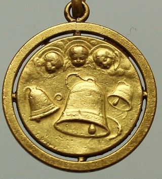 Antique Religious Art Pendant Oria Gold 18k The Cherubs & Bells By E.  Dropsy