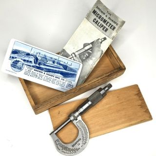 Vintage 13rs Brown & Sharpe Micrometer Caliper.  0001 0 - 1 " Wood Box Plus Inserts