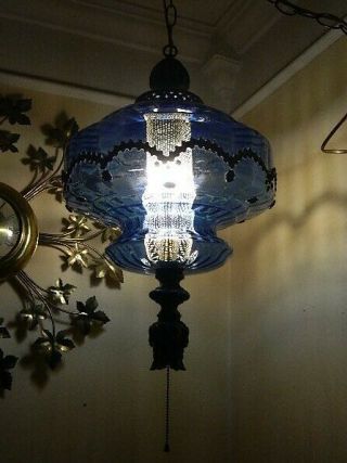 Huge Hanging Swag Lamp Blue Glass Optic Panel Diffuser Retro Pull Chain Light
