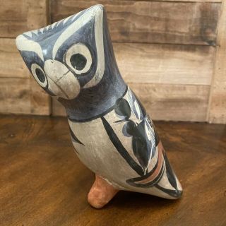 Vintage Tonala Mexican Folk Art Pottery Footed Owl Burnished Hand Painted
