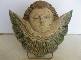 Primitive Vintage Large Hand Carved Wooden Angel Head Cherub Signed