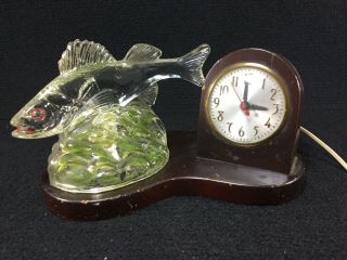 Vintage Glass Fish Light On Wood Base W/clock.  Not.  Cool Wildlife 1950 