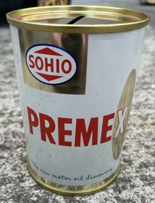Vintage Sohio Premex Metal Miniature Oil Can Advertising Bank