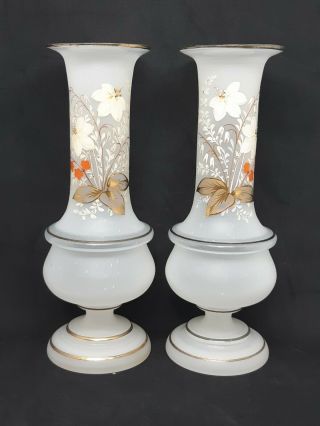 Antique Bristol Vases Mirror Image White Satin Opaque Hand Painted Floral Pair