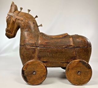 Vintage Wood Trojan Horse On Wheels With 2 Hidden Compartments Art Decor