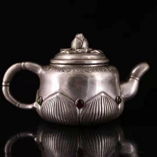 Collectable Handwork Tibet Old Miao Silver Carve Beauty Lotus Auspicious Tea Pot