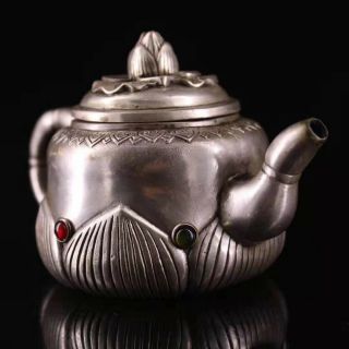 Collectable Handwork Tibet Old Miao Silver Carve Beauty Lotus Auspicious Tea Pot 2