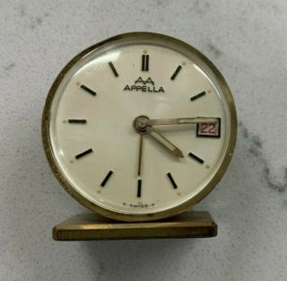 Vintage Miniature Apella Travel Alarm Clock With Date 7 Jewel Swiss Brev Dem