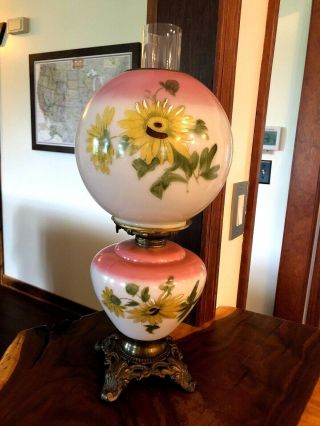 Antique Converted Oil Lamp Hand Painted Floral Yellow Flowers Hurricane Parlor