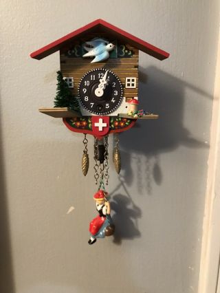 Swiss Chalet Wind Up Clock With Girl On Swing,  Missing Key Mini Cookoo