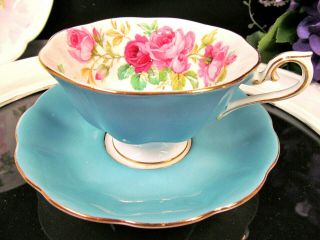 Royal Albert Tea Cup And Saucer Avon Shape Pink Cabbage Rose Blue Teacup