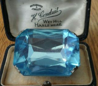VINTAGE JEWELLERY LARGE AQUAMARINE BLUE GLASS 1970 ' S BROOCH PIN 2