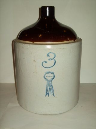 3 Gallon Blue Ribbon Stoneware Jug Buckeye Pottery Co.  Antique Shoulder Jug