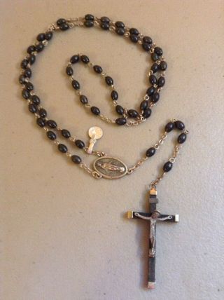 Vintage Antique Rosary Crucifix Cross Jesus Mary - Black Beaded Italy