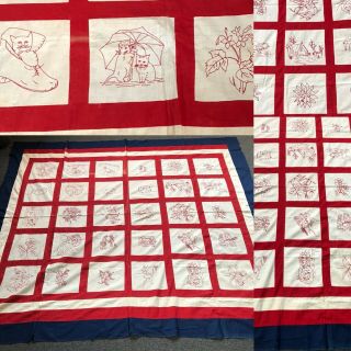 Vtg 1900 - 1920’ Red White Blue American Quilt Top With Red Work Embroidery