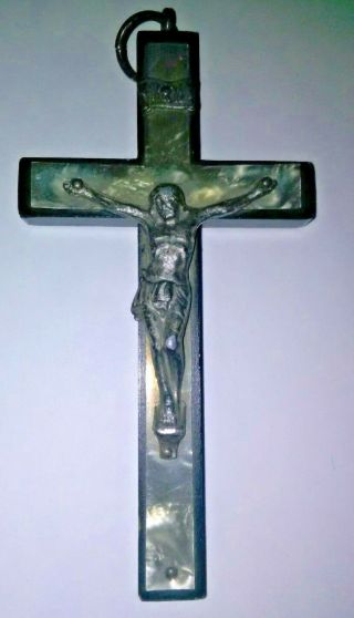 Vintage 4 " Crucifix Catholic Cross Lord Jesus Christ Pearlized Celluloid Inlay