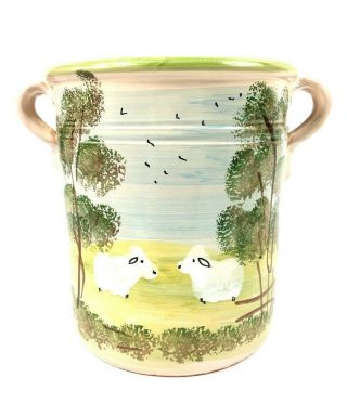 Lamas Pottery Canister With Handles Sheep Hand Painted Crafted Rare Vtg Italy