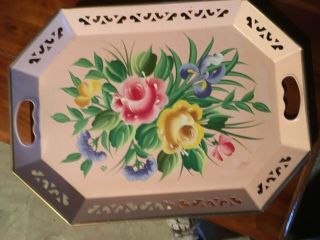 Vtg Large Tole Serving Tray Pilgrim Art Hand Painted Roses 148 Higbee Co.  Metal